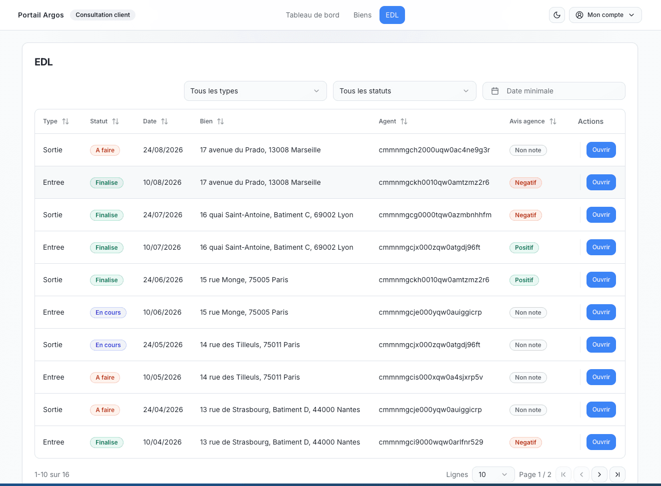 Aperçu du backoffice Argos EDL pour le suivi des états des lieux